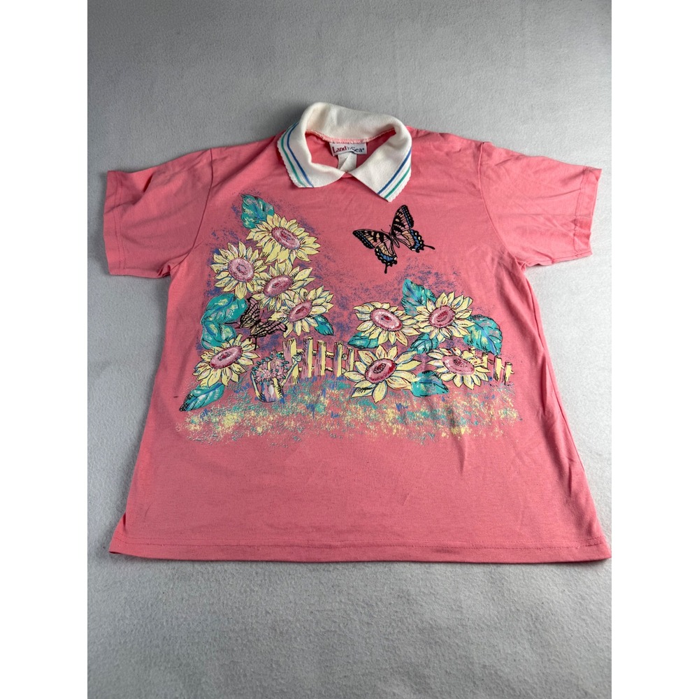Land n Sea Vintage Pink Sunflower Butterfly Graphic T-Shirt Collared‎ Women L